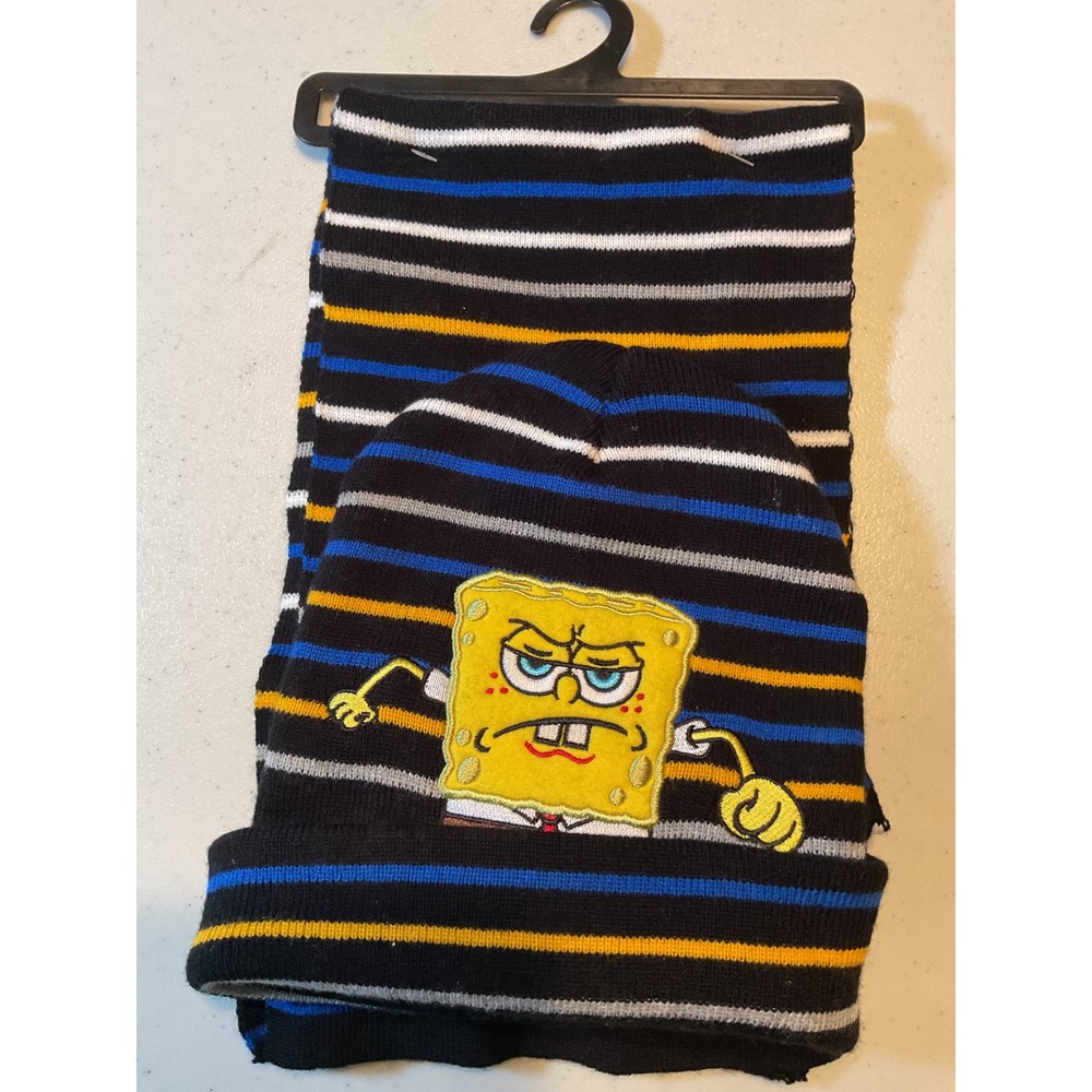 SpongeBob SquarePants Beanie and Scarf Set Striped Black Blue Yellow Knit‎ Hat